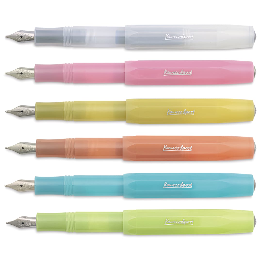 Open in modal - Kaweco Frosted Sport Fountain Pens, laid out in various colors