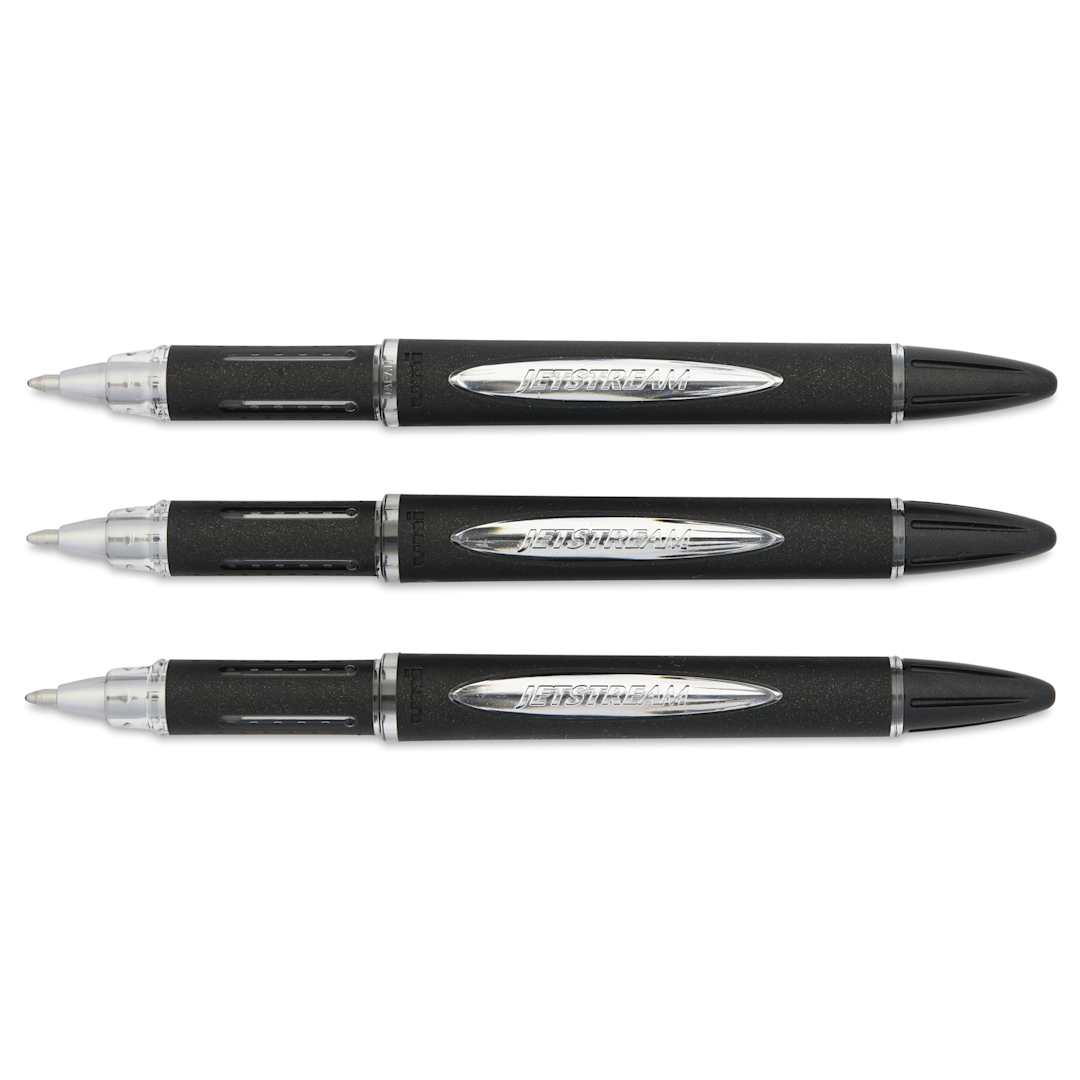 Open in modal - Uni-Ball Jetstream Ballpoint Pens - Black, 1 mm, Pkg of 3, with caps off