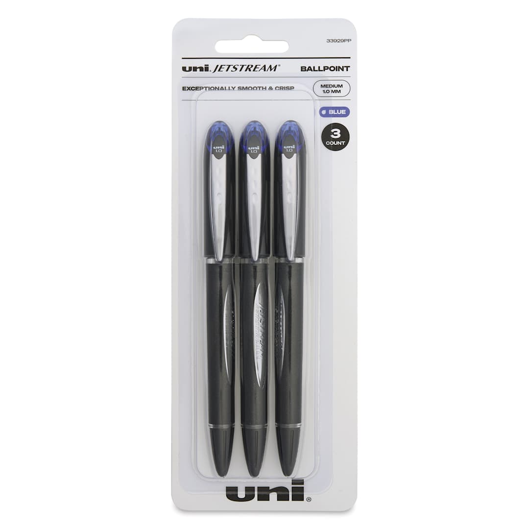 Open in modal - Uni-Ball Jetstream Ballpoint Pens - Blue, 1 mm, Pkg of 3, front of the packaging