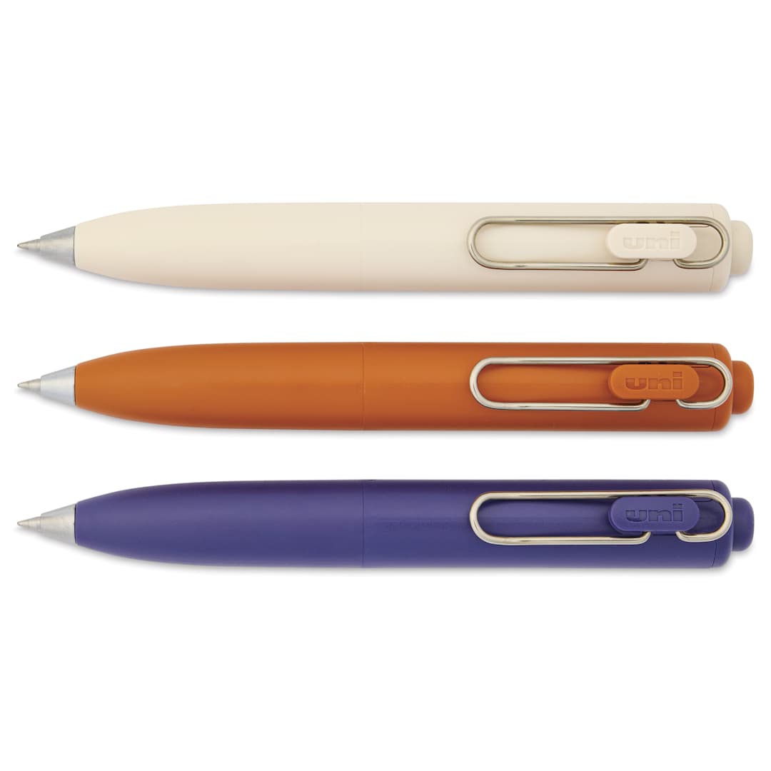 Open in modal - Uni-Ball One P. Retractable Gel Pens - Warm Colors, Pkg of 3, laid out