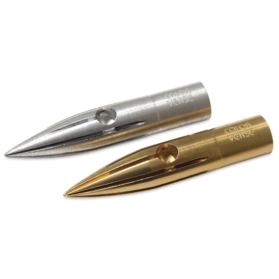 Open in modal - Colorverse Shuttle Dip Pen Nibs, Brass and Aluminum laid out
