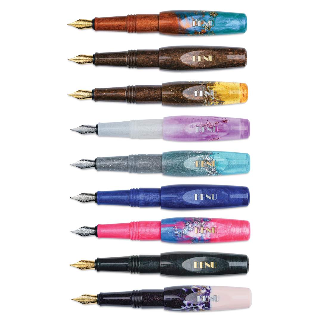 Open in modal - Benu Pixie Fountain Pens, pens of various sizes laid out