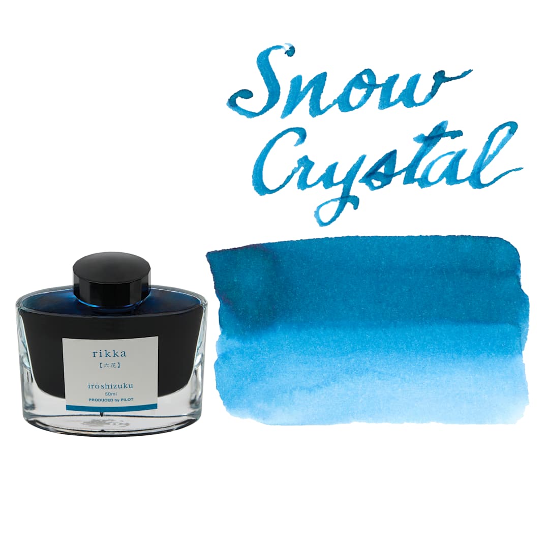 Open in modal - Pilot Iroshizuku Fountain Pen Ink - Snow Crystal (Rikka), swatch and bottle