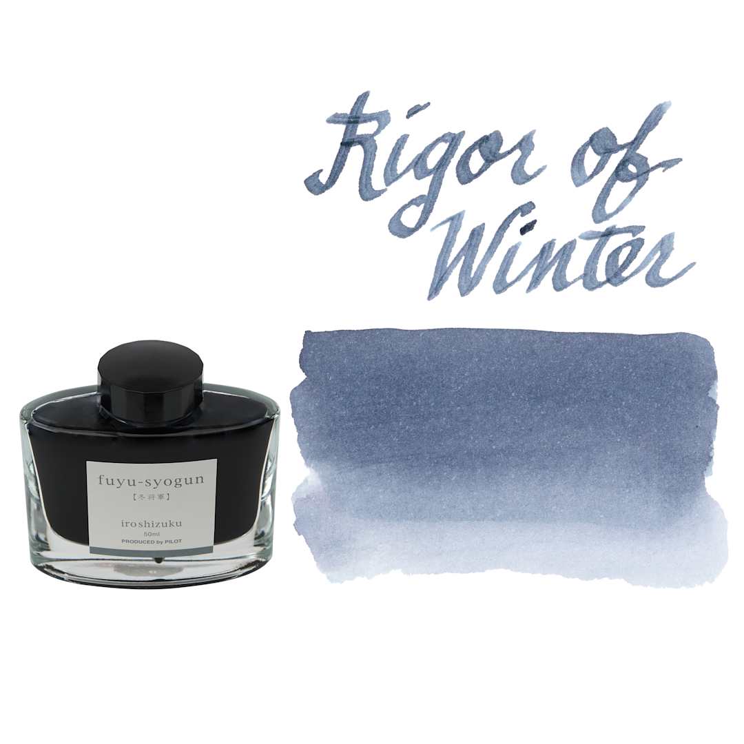 Open in modal - Pilot Iroshizuku Fountain Pen Ink - Rigor of Winter (Fuyu-syogun), swatch and bottle