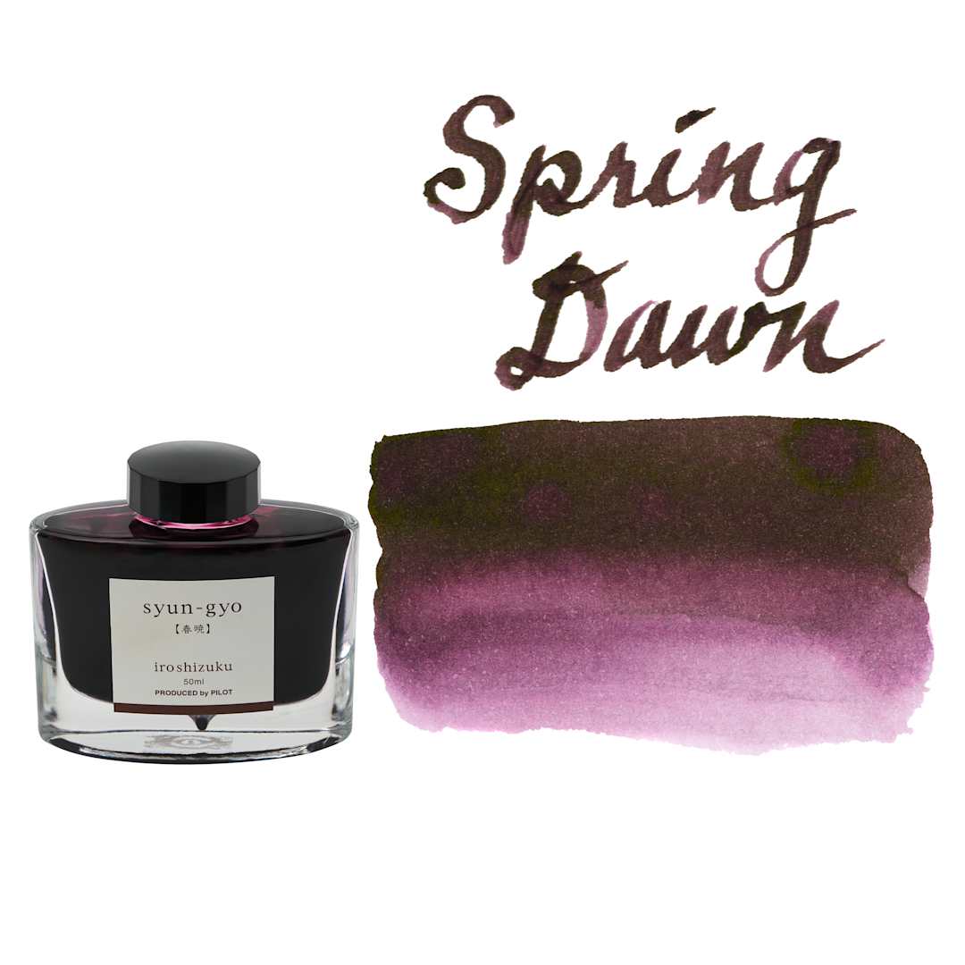 Open in modal - Pilot Iroshizuku Fountain Pen Ink - Spring Dawn (Syun-gyo), 50 ml, swatch and bottle