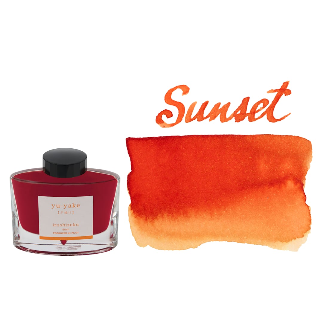 Open in modal - Pilot Iroshizuku Fountain Pen Ink - Sunset (Yu-yake), swatch and bottle
