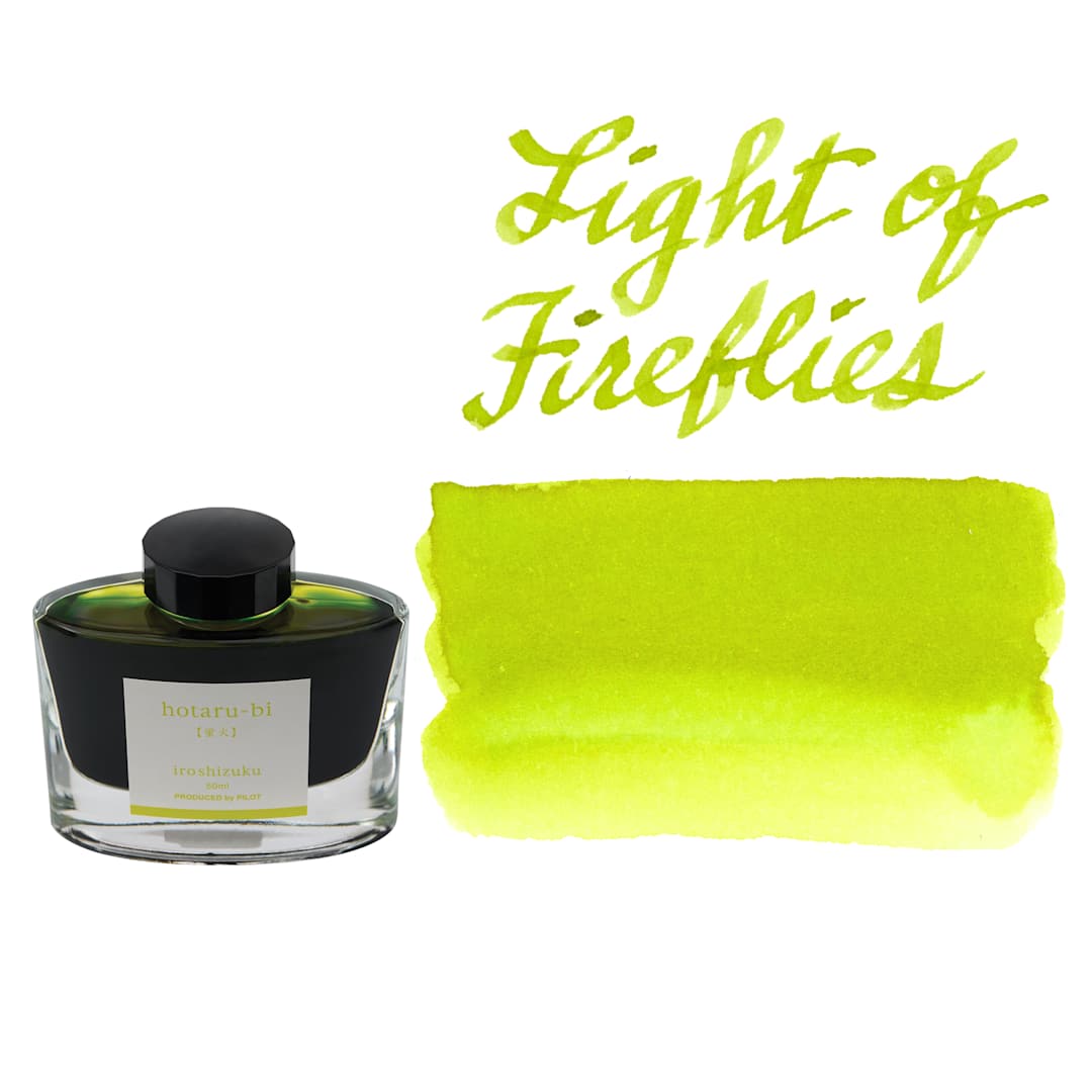 Open in modal - Pilot Iroshizuku Fountain Pen Ink - Light of Fireflies (Hotaru-bi), swatch and bottle