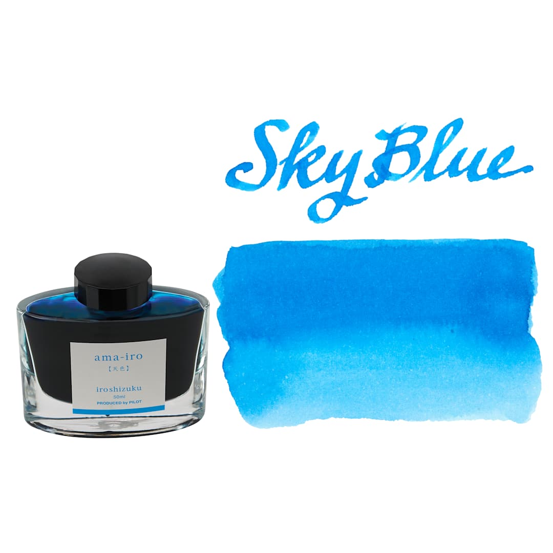 Open in modal - Pilot Iroshizuku Fountain Pen Ink - Sky Blue (Ama-iro), swatch and bottle
