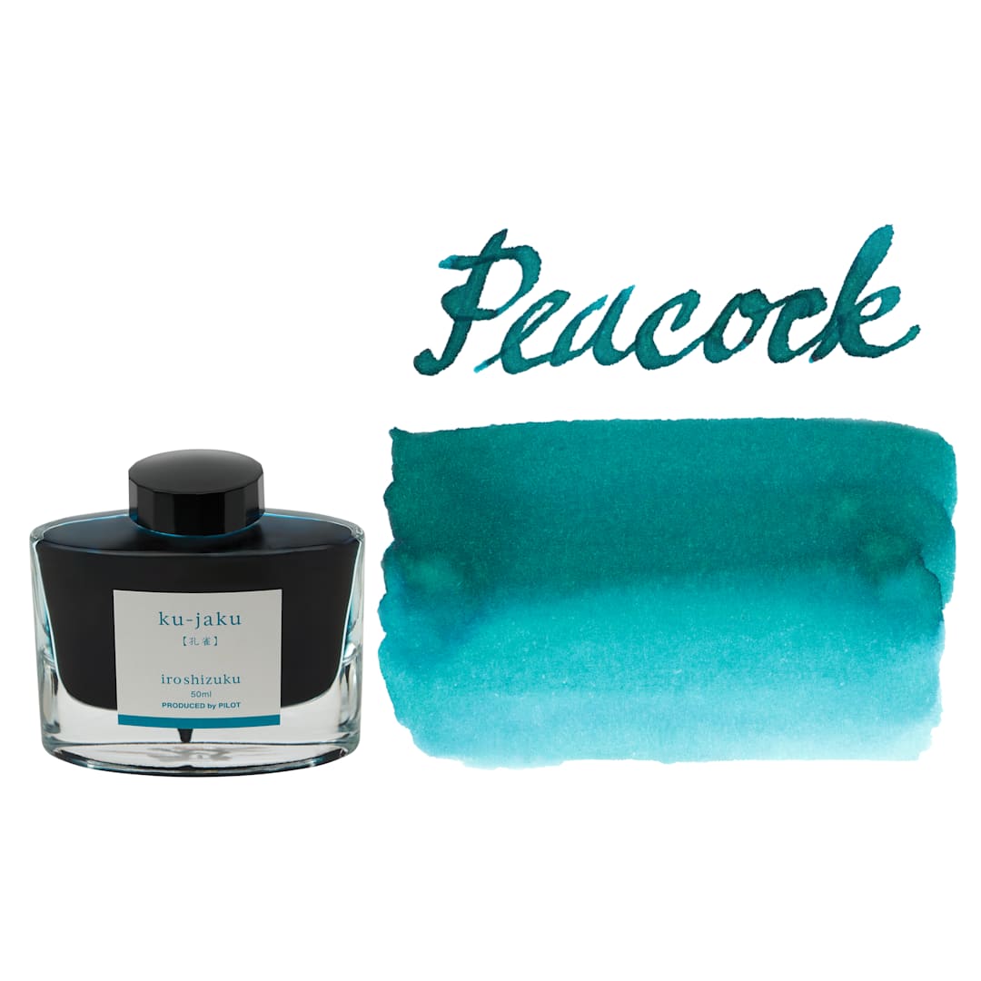 Open in modal - Pilot Iroshizuku Fountain Pen Ink - Peacock (Ku-jaku), swatch and bottle