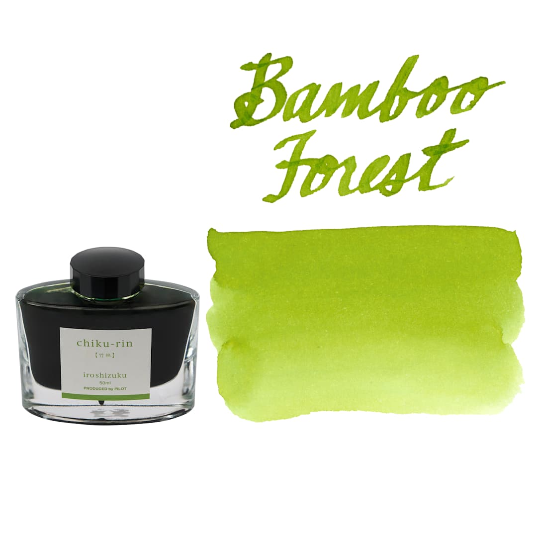 Open in modal - Pilot Iroshizuku Fountain Pen Ink - Bamboo Forest (Chiku-rin), swatch and bottle