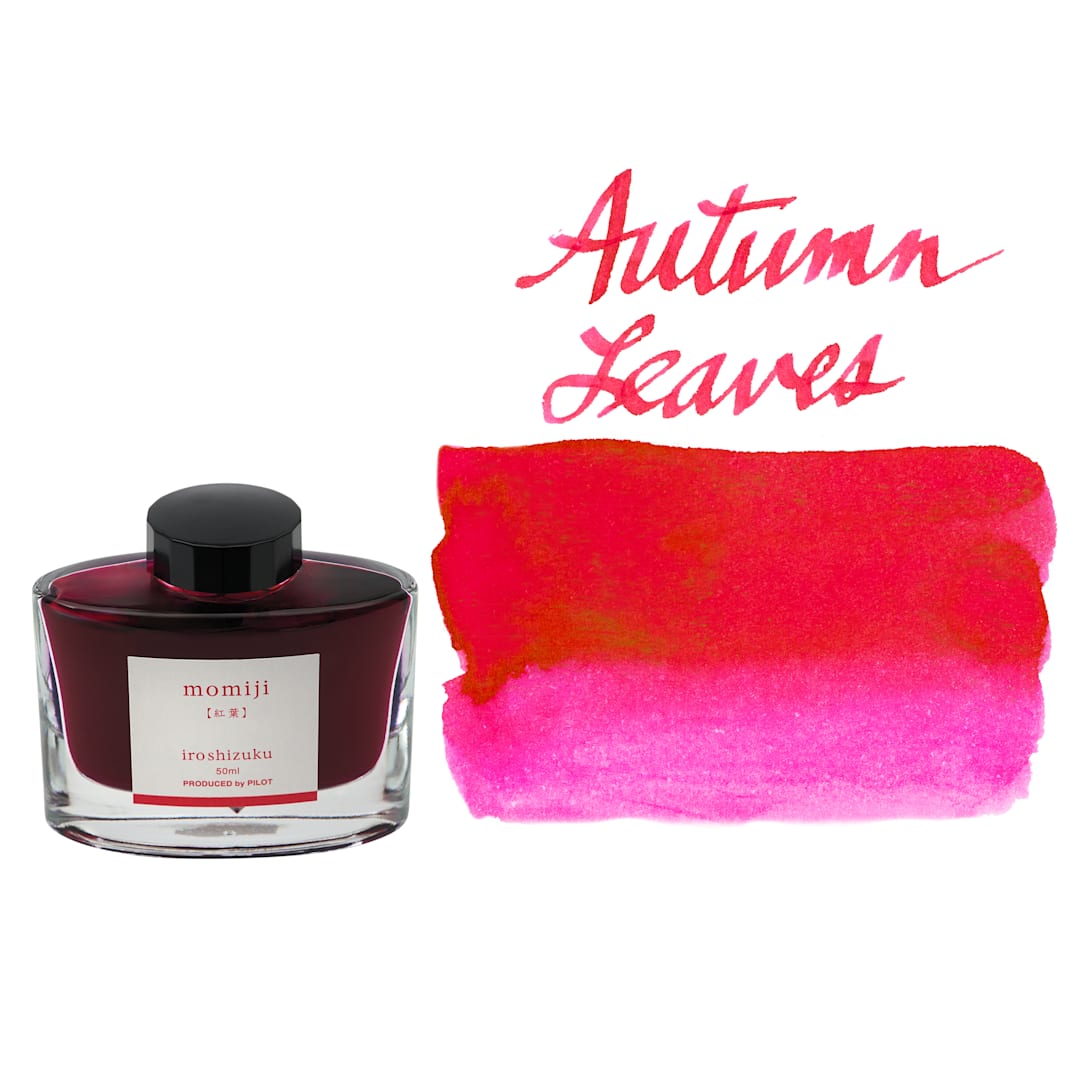 Open in modal - Pilot Iroshizuku Fountain Pen Ink - Autumn Leaves (Momiji), swatch and bottle