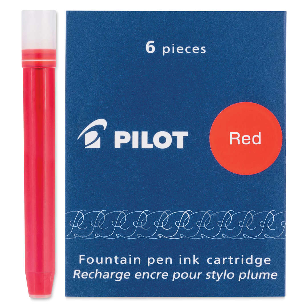 Open in modal - Pilot Fountain Pen Ink Cartridge - Red, Pkg of 6, one cartridge next to the packaging