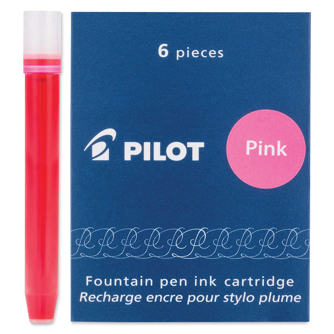 Open in modal - Pilot Fountain Pen Ink Cartridge - Pink, Pkg of 6, one cartridge next to packaging
