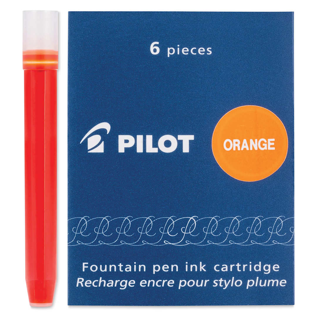 Open in modal - Pilot Fountain Pen Ink Cartridge - Orange, Pkg of 6, one cartridge next to the packaging