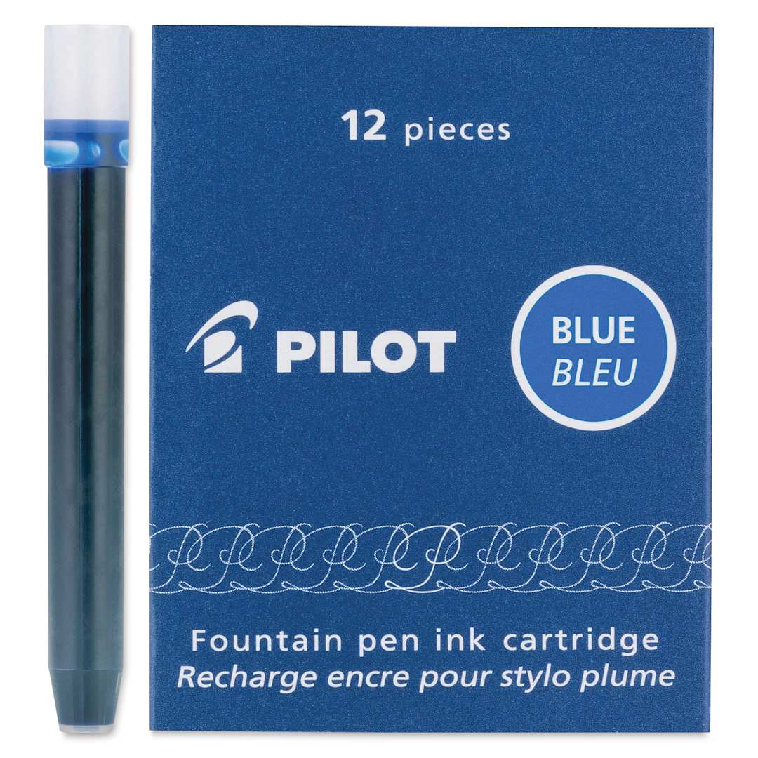 Open in modal - Pilot Fountain Pen Ink Cartridge - Blue, Pkg of 12, one cartridge next to the packaging