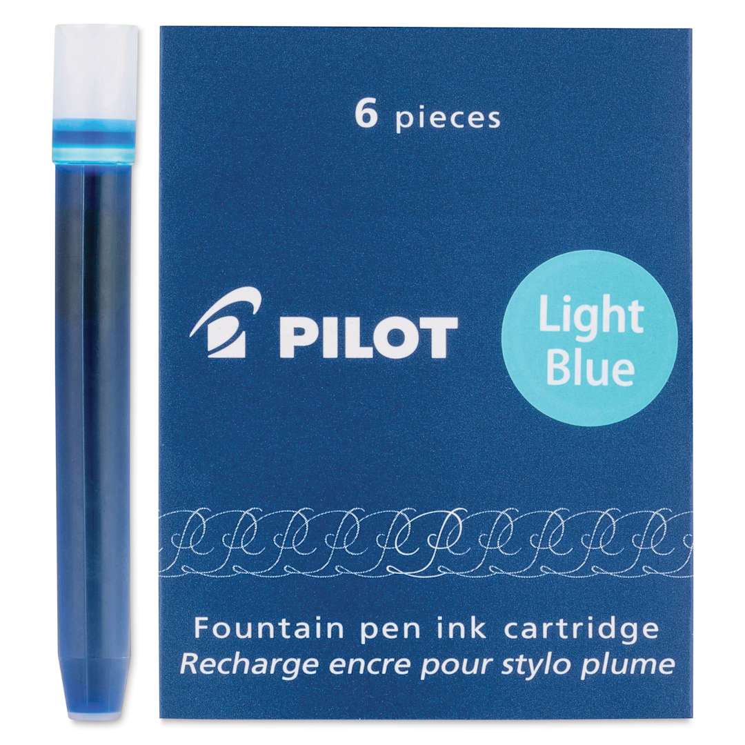 Open in modal - Pilot Fountain Pen Ink Cartridge - Light Blue, Pkg of 6, one cartridge next to the packaging