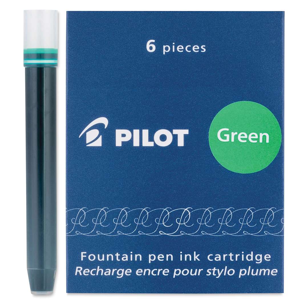 Open in modal - Pilot Fountain Pen Ink Cartridge - Green, Pkg of 6, one cartridge next to packaging
