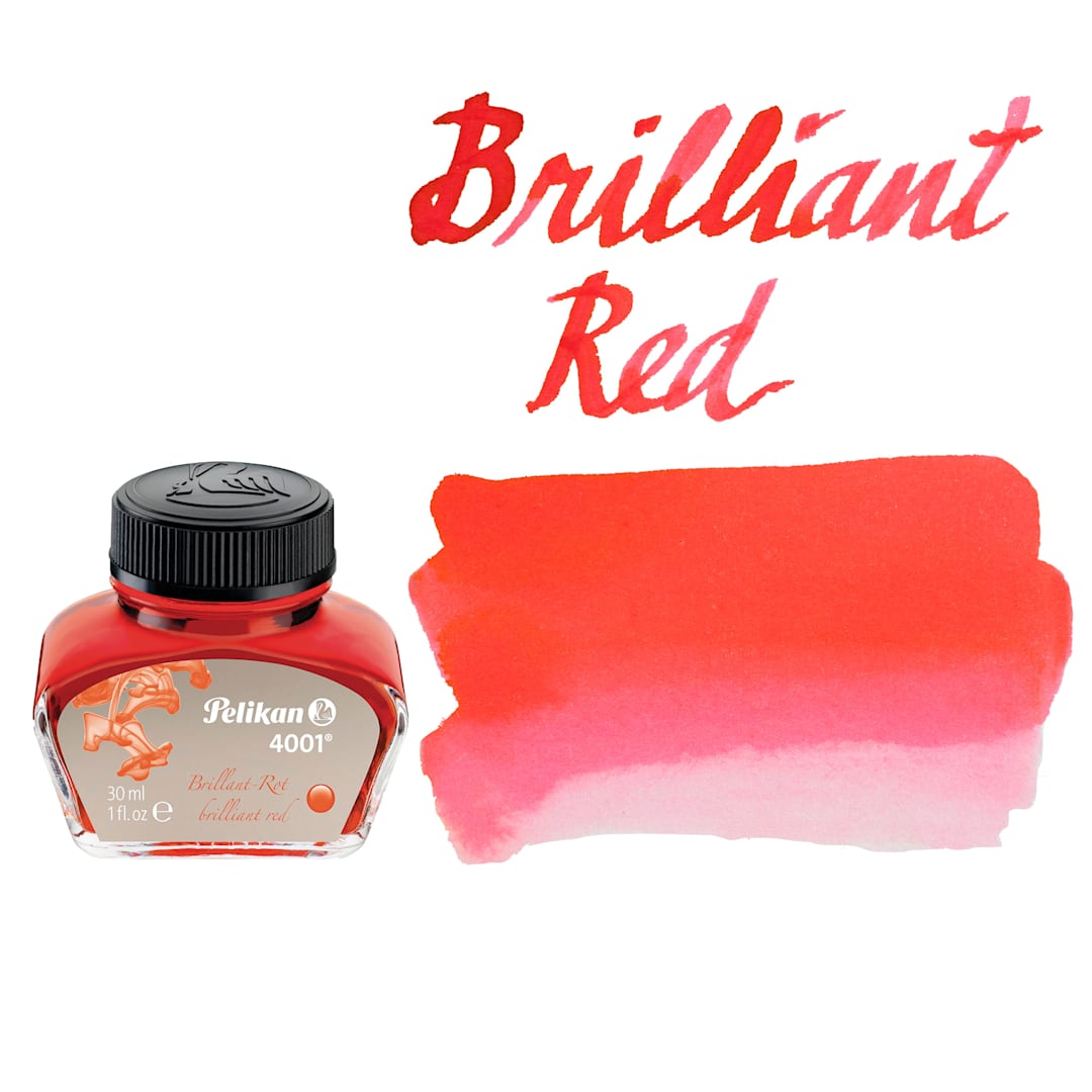 Open in modal - Pelikan 4001 Fountain Pen Ink - Brilliant Red, bottle and swatch
