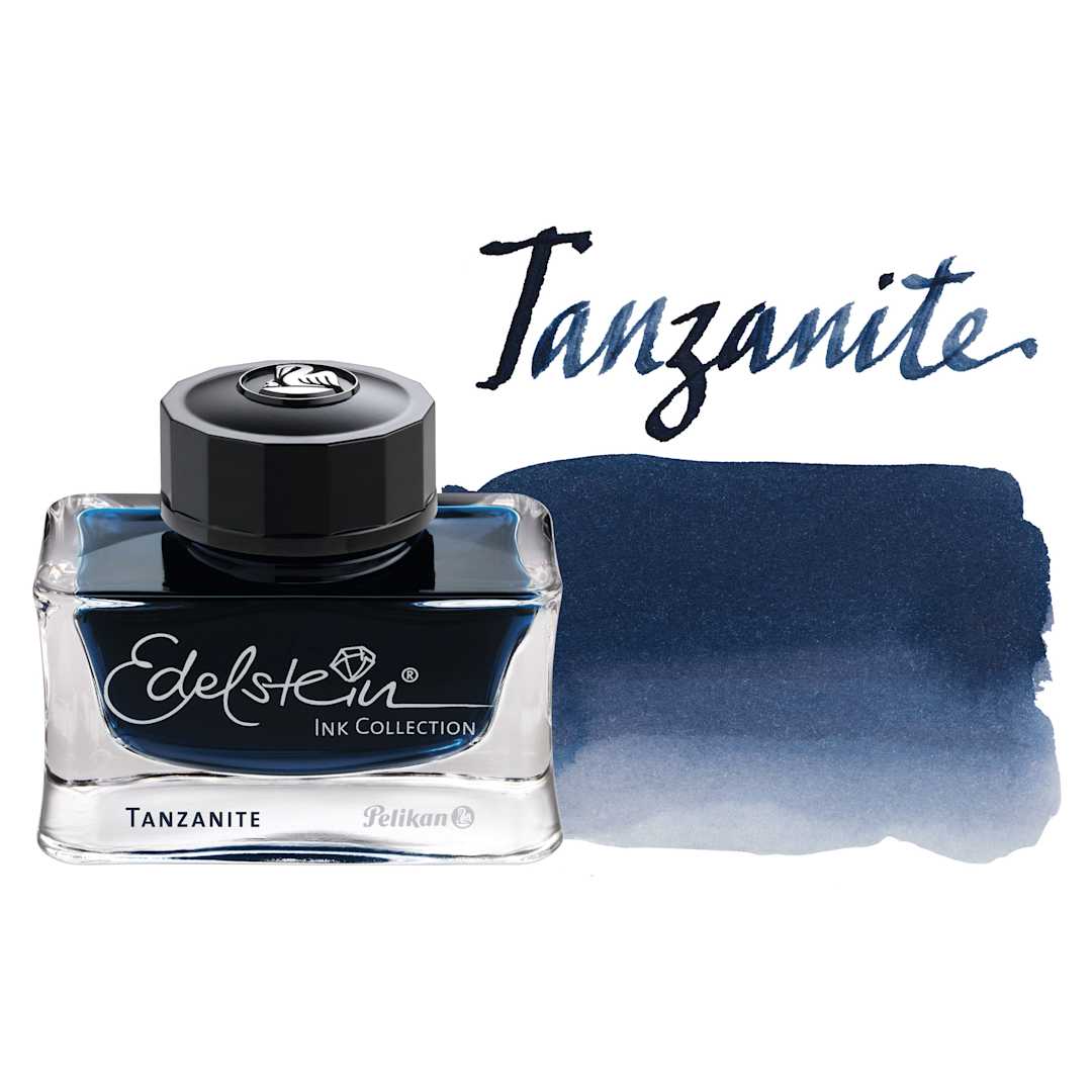 Open in modal - Pelikan Edelstein Fountain Pen Ink - Tanzanite, 50 ml, bottle and swatch