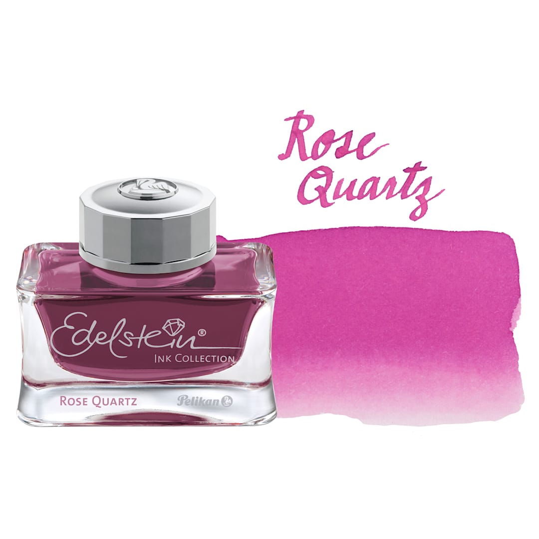 Open in modal - Pelikan Edelstein Fountain Pen Ink - Rose Quartz, 50 ml, bottle and swatch
