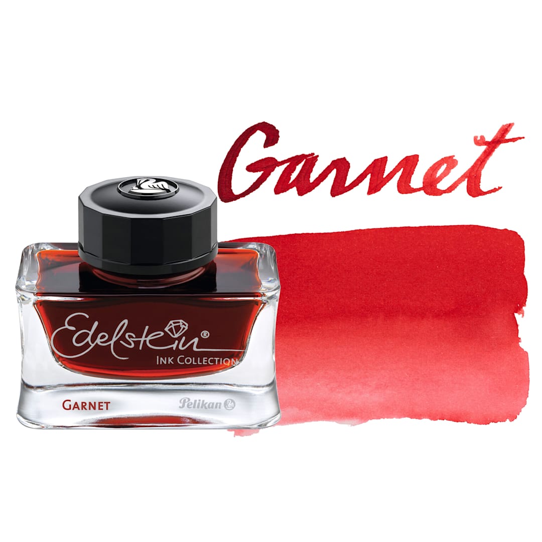 Open in modal - Pelikan Edelstein Fountain Pen Ink - Garnet, 50 ml, bottle and swatch