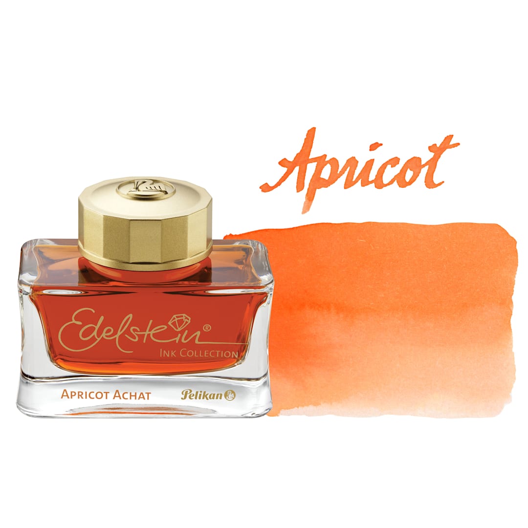 Open in modal - Pelikan Edelstein Fountain Pen Ink - Apricot Achat, 50 ml, bottle and swatch