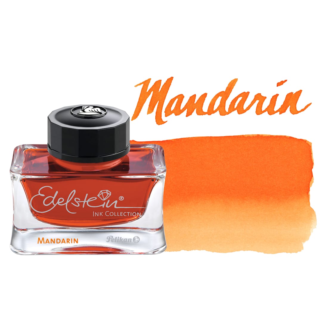 Open in modal - Pelikan Edelstein Fountain Pen Ink - Mandarin, 50 ml, bottle and swatch