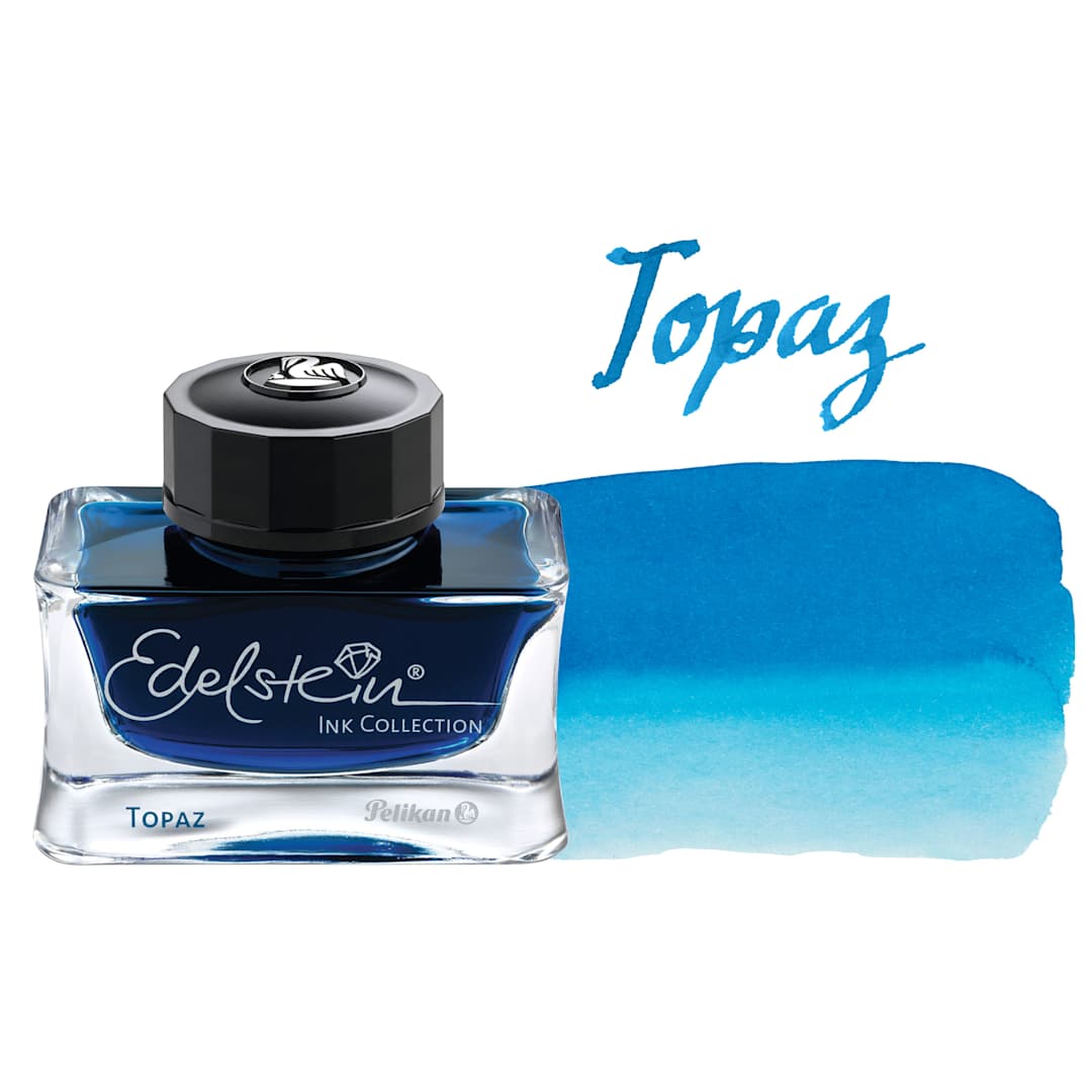 Open in modal - Pelikan Edelstein Fountain Pen Ink - Topaz, 50 ml, bottle and swatch