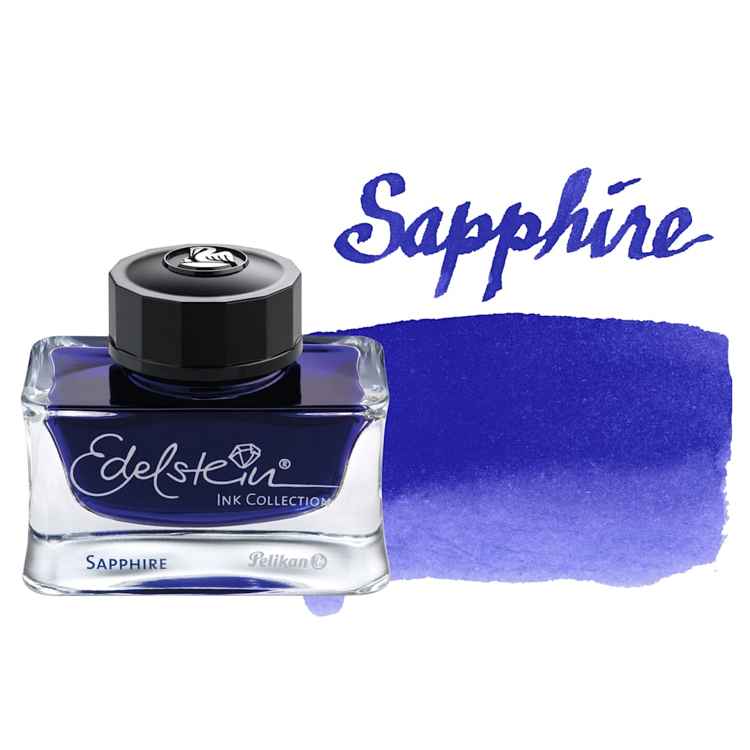 Open in modal - Pelikan Edelstein Fountain Pen Ink - Sapphire, 50 ml, bottle and swatch