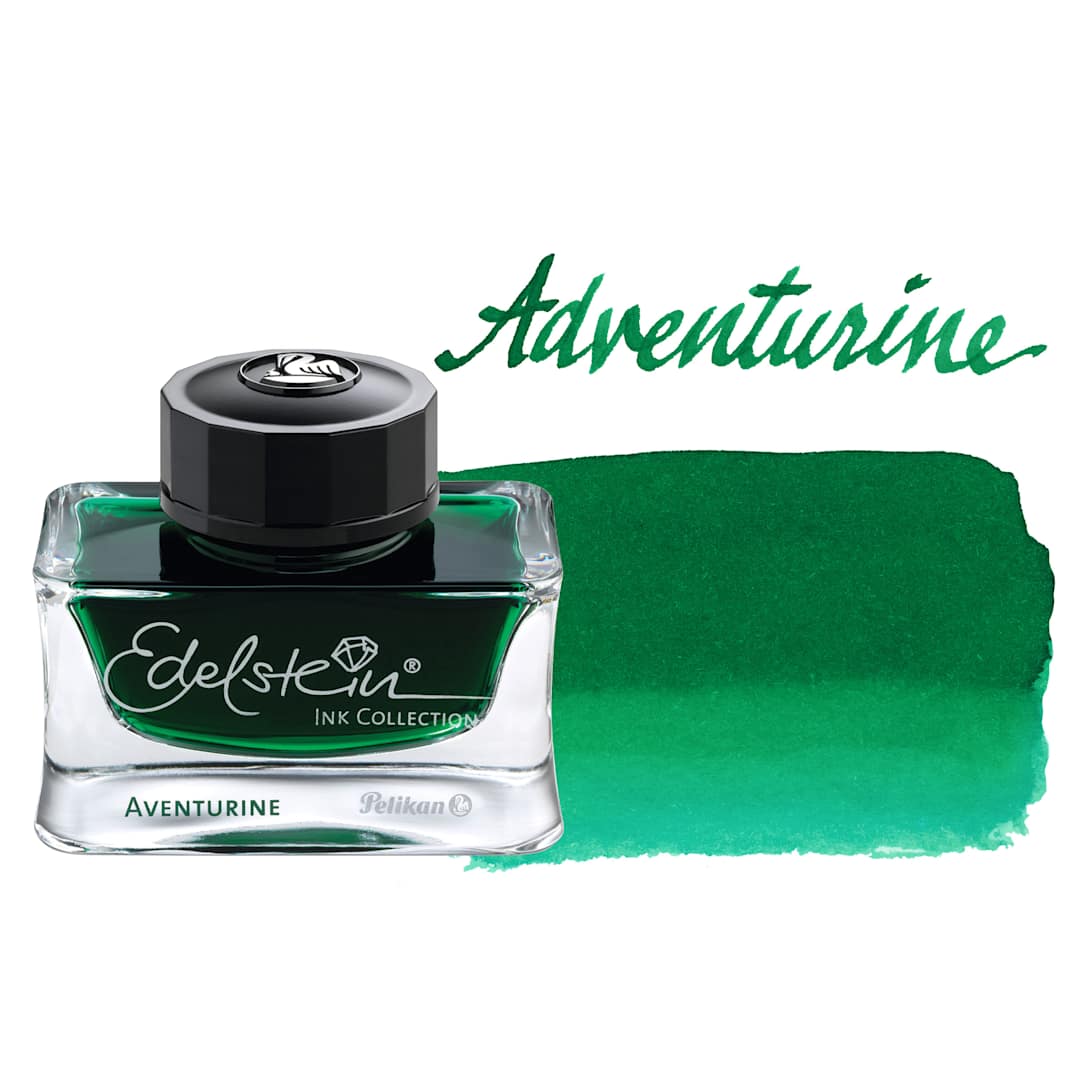 Open in modal - Pelikan Edelstein Fountain Pen Ink - Aventurine, 50 ml, bottle and swatch