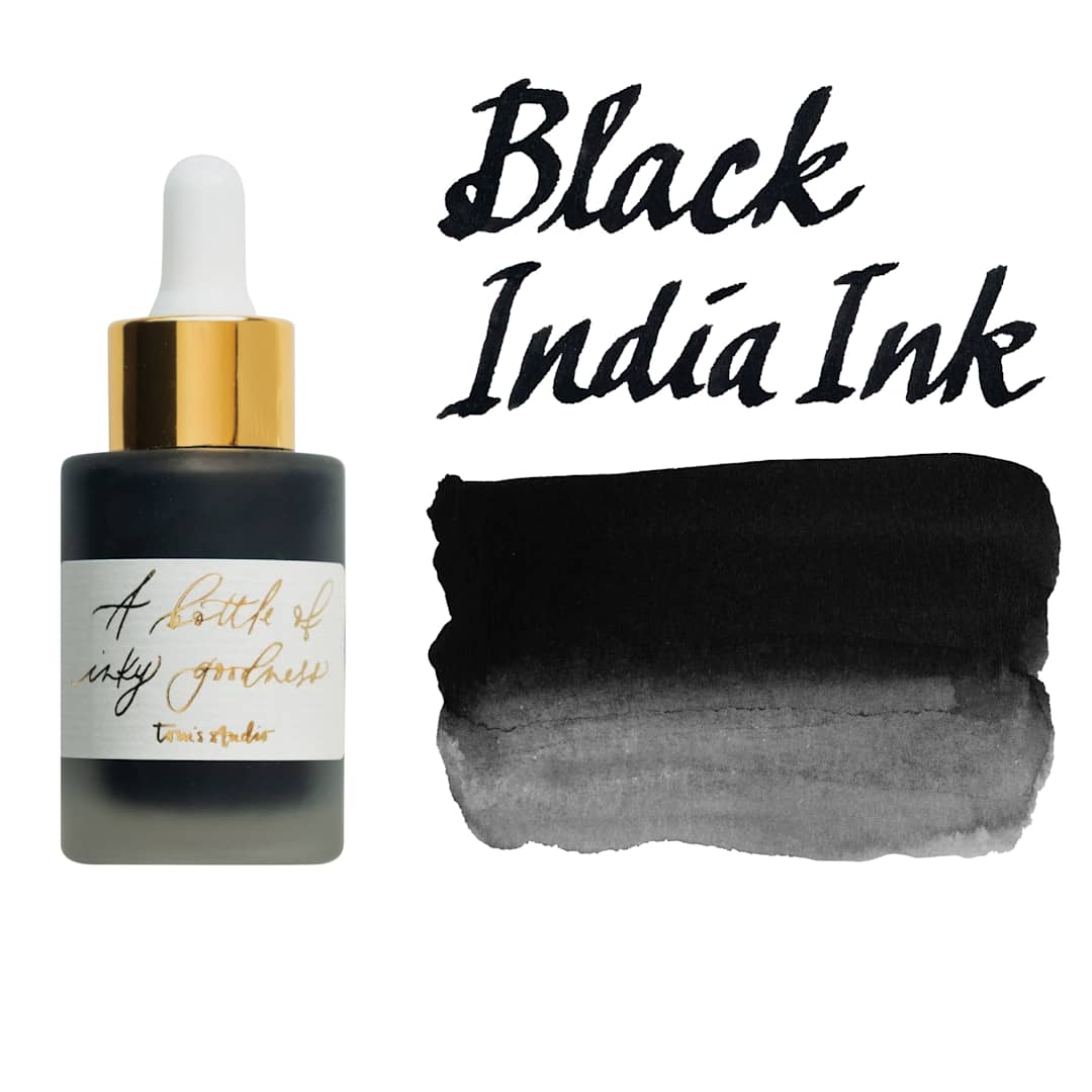 Open in modal - Tom's Studio Calligraphy Ink - Black India Ink, 30 ml bottle and swatch