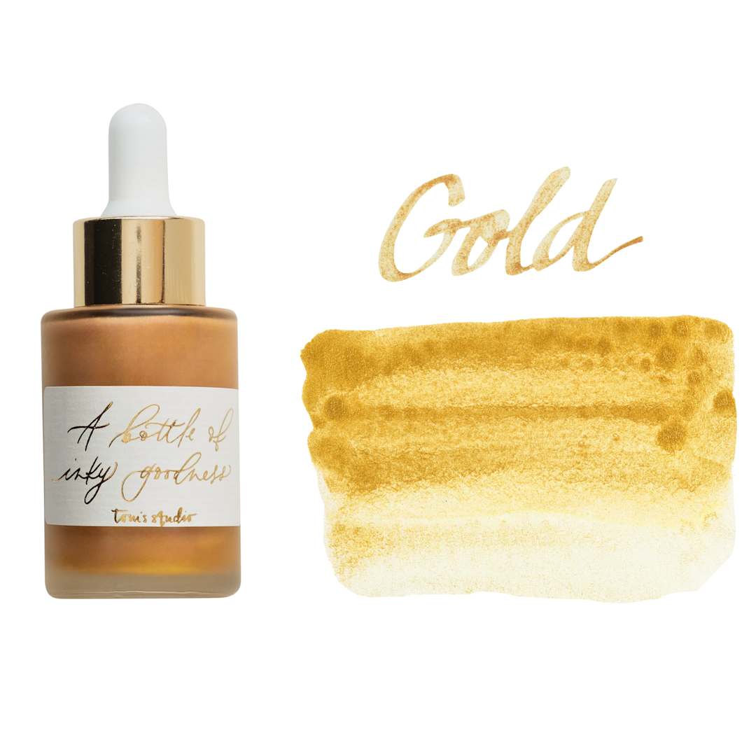 Open in modal - Tom's Studio Calligraphy Ink - Gold, 30 ml bottle with swatch
