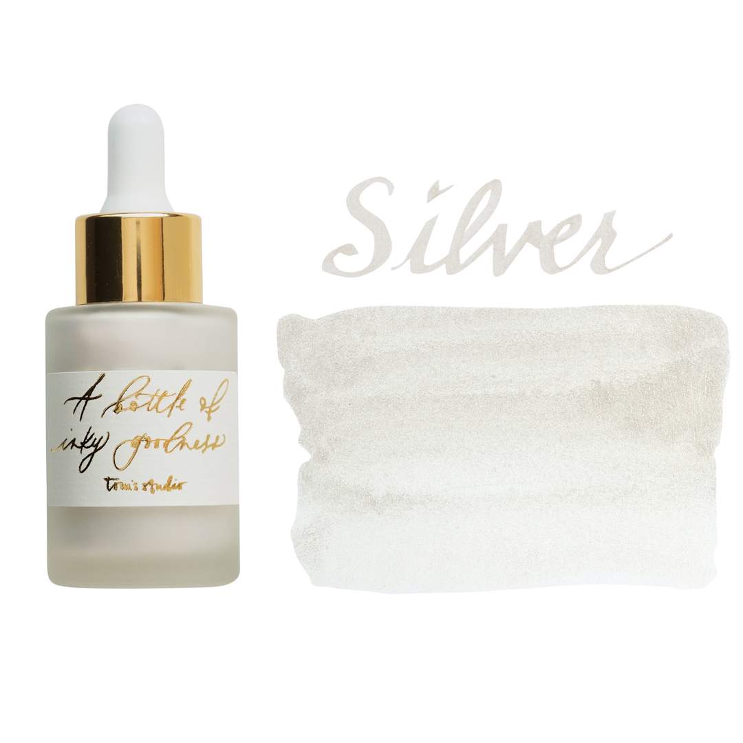 Open in modal - Tom's Studio Calligraphy Ink - Silver, 30 ml bottle with swatch
