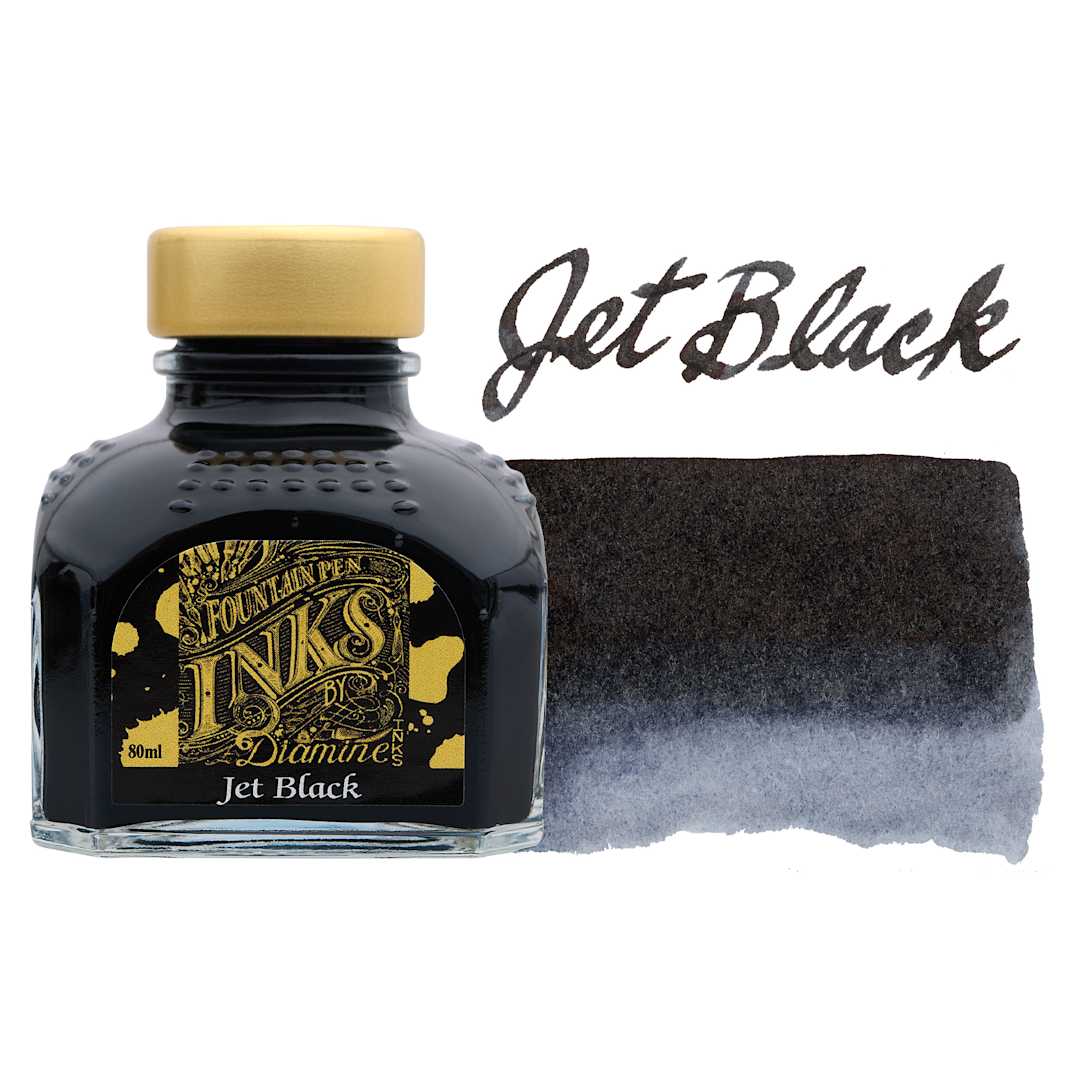 Open in modal - Diamine Fountain Pen Ink - Jet Black, 80 ml bottle with swatch
