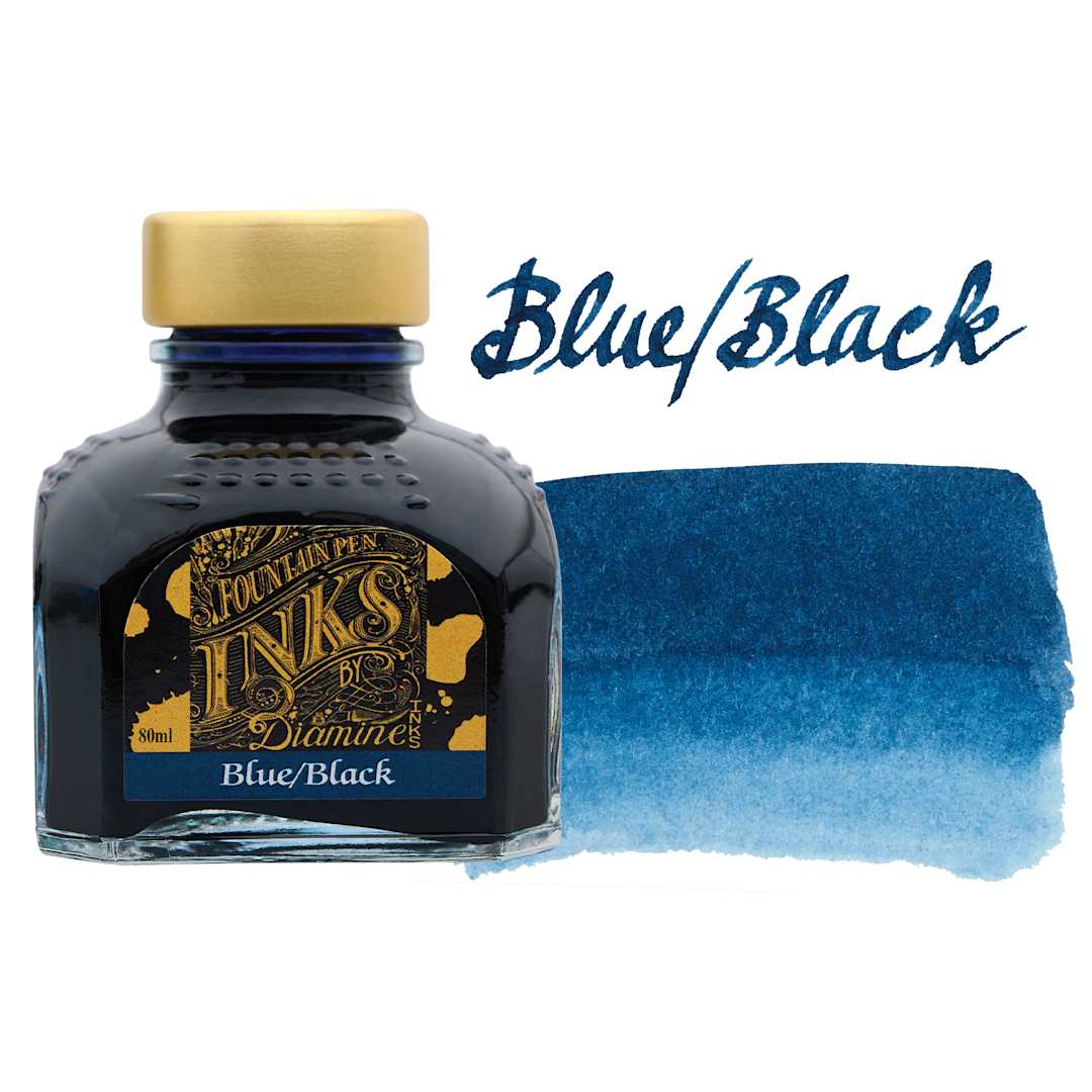 Open in modal - Diamine Fountain Pen Ink - Blue/Black, 80 ml bottle with swatch