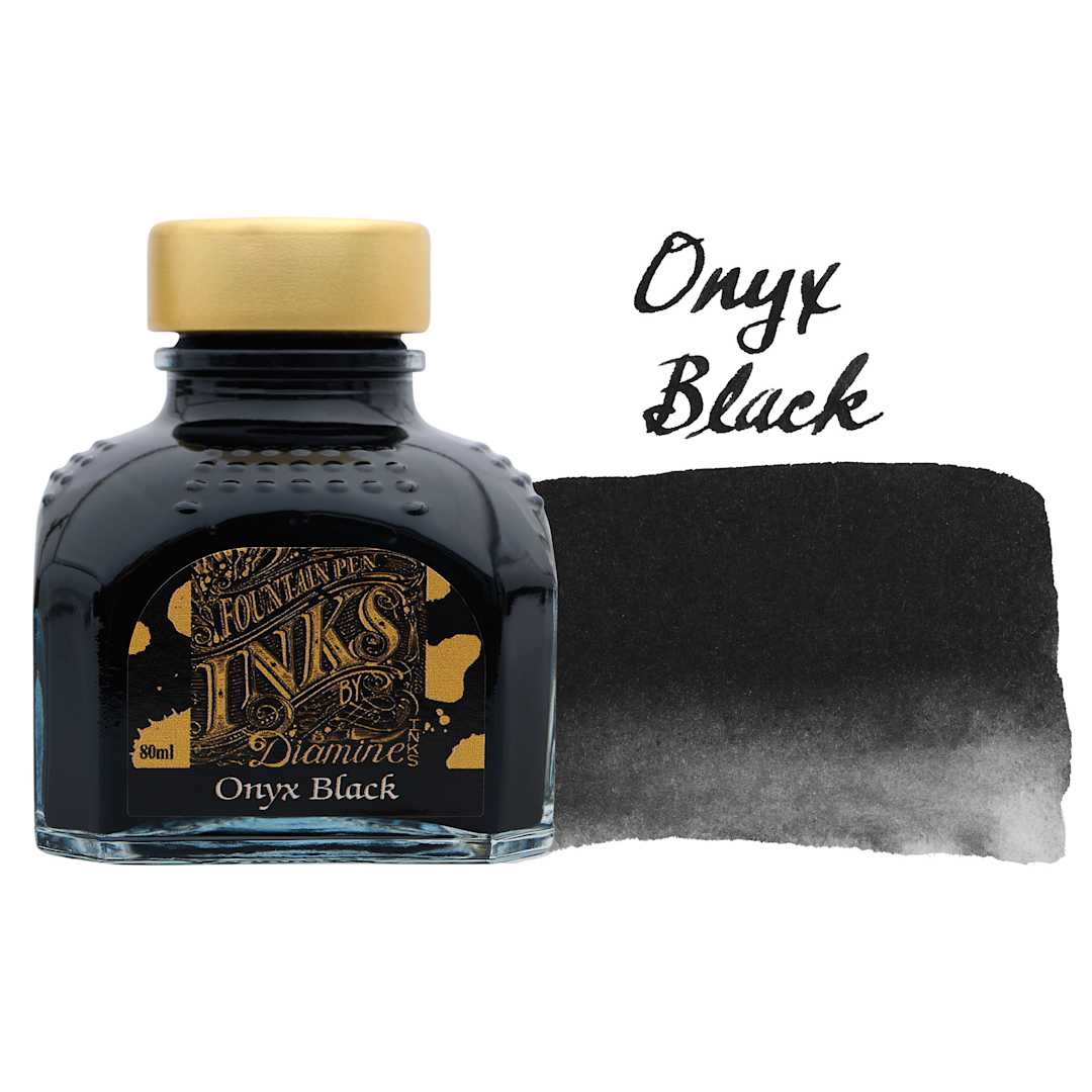 Open in modal - Diamine Fountain Pen Ink - Onyx Black, 80 ml bottle with swatch