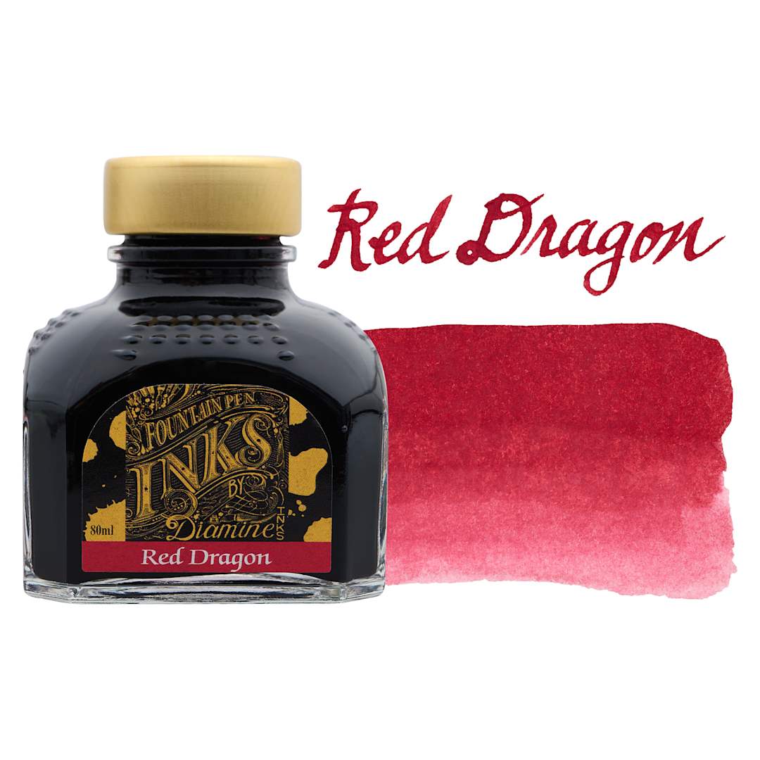 Open in modal - Diamine Fountain Pen Ink - Wild Strawberry, 80 ml bottle with swatch