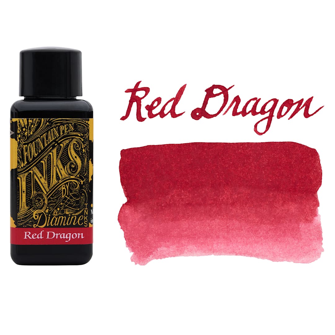 Open in modal - Diamine Fountain Pen Ink - Red Dragon, 30 ml bottle with swatch