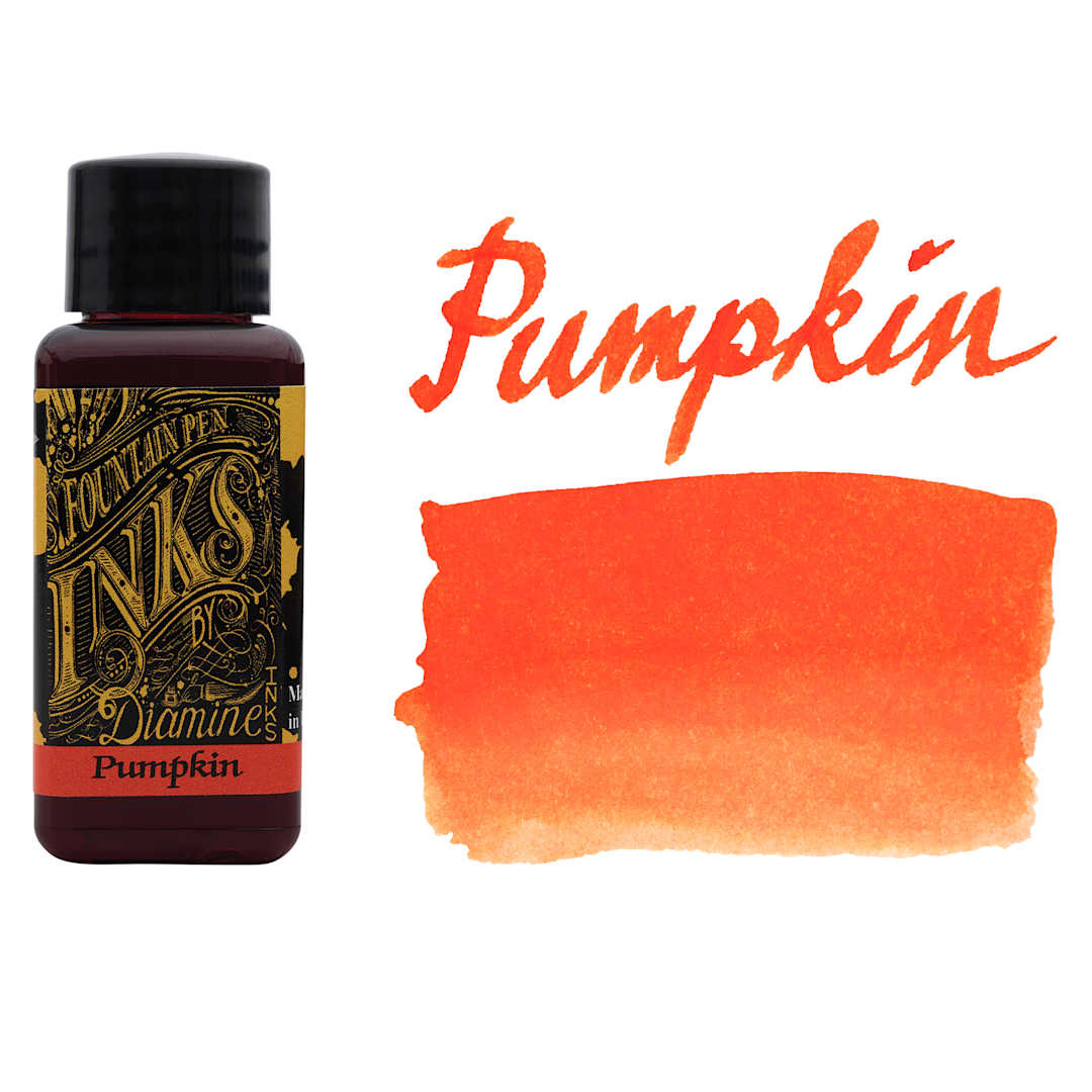 Open in modal - Diamine Fountain Pen Ink - Pumpkin, 30 ml bottle with swatch