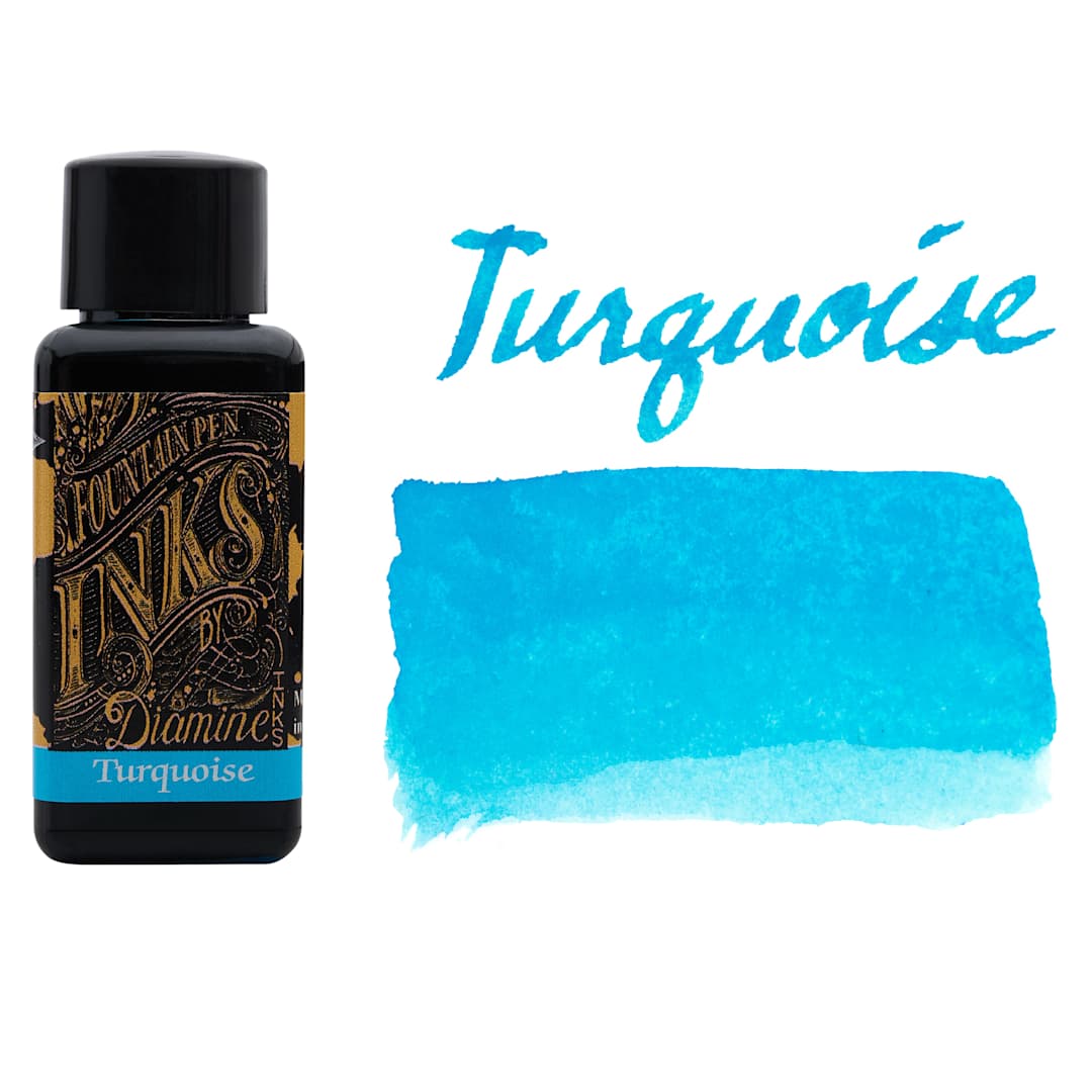 Open in modal - Diamine Fountain Pen Ink - Turquoise, 30 ml bottle with swatch