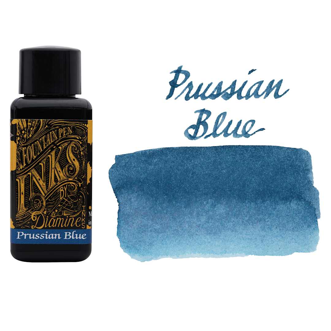 Open in modal - Diamine Fountain Pen Ink - Prussian Blue, 30 ml bottle with swatch