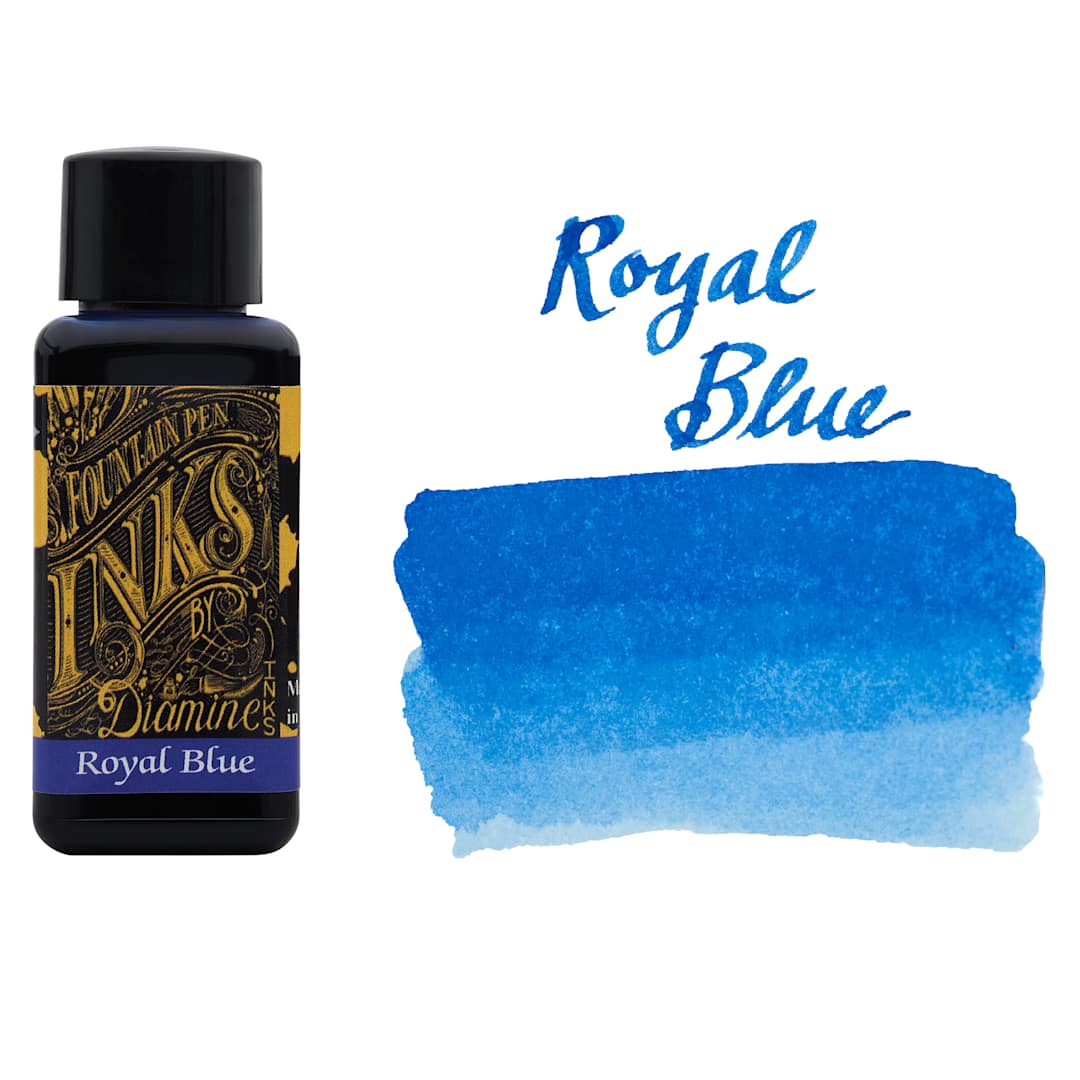 Open in modal - Diamine Fountain Pen Ink - Royal Blue, 30 ml bottle with swatch