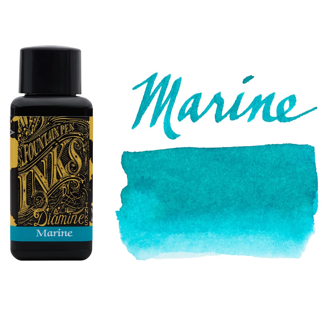 Open in modal - Diamine Fountain Pen Ink - Marine, 30 ml bottle with swatch