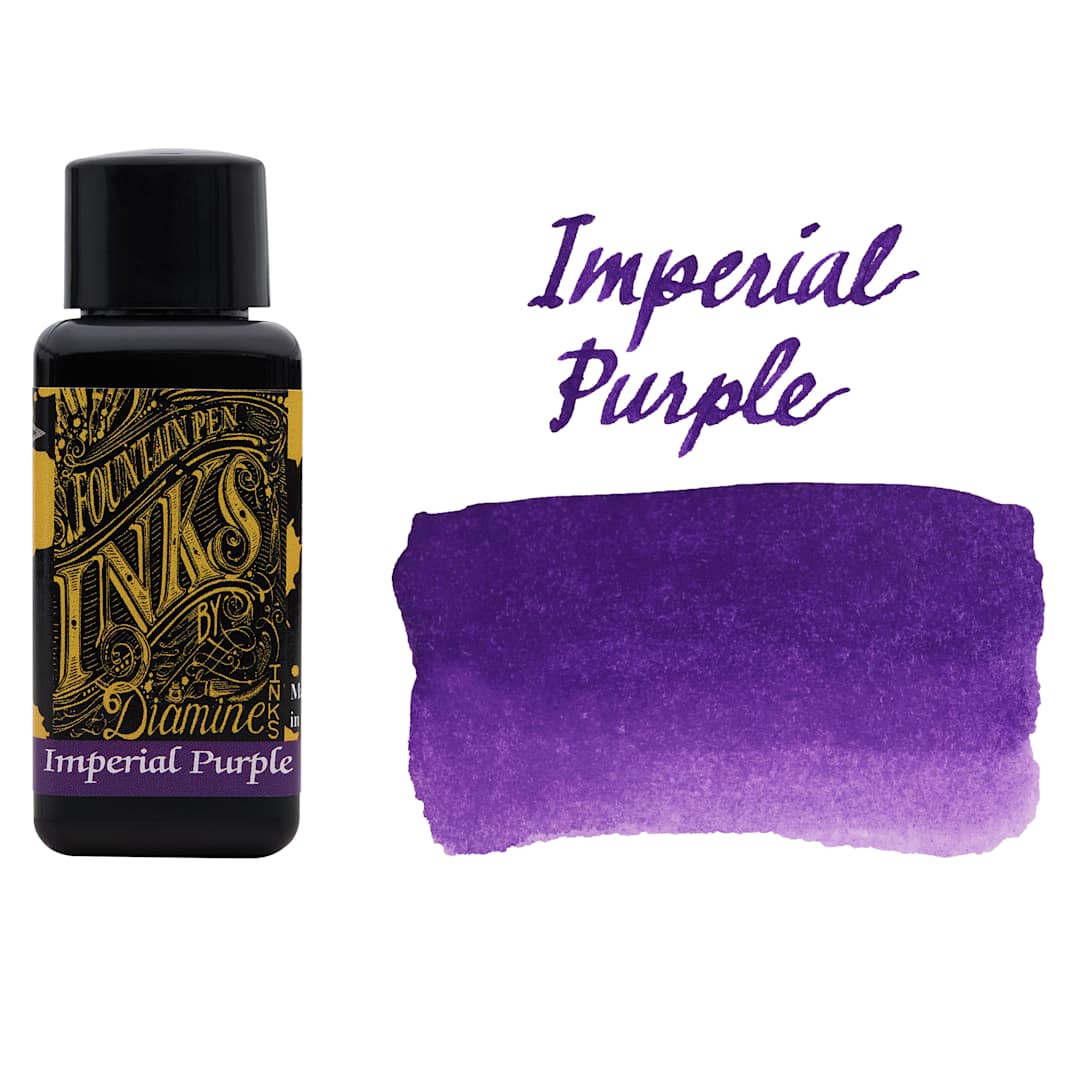 Open in modal - Diamine Fountain Pen Ink - Imperial Purple, 30 ml bottle with swatch