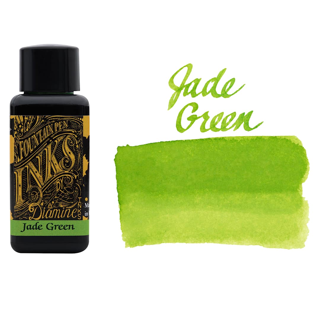 Open in modal - Diamine Fountain Pen Ink - Jade Green, 30 ml bottle with swatch
