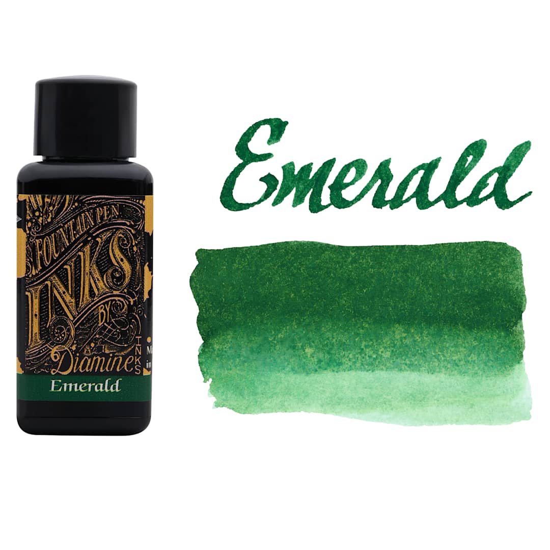 Open in modal - Diamine Fountain Pen Ink - Emerald, 30 ml bottle with swatch