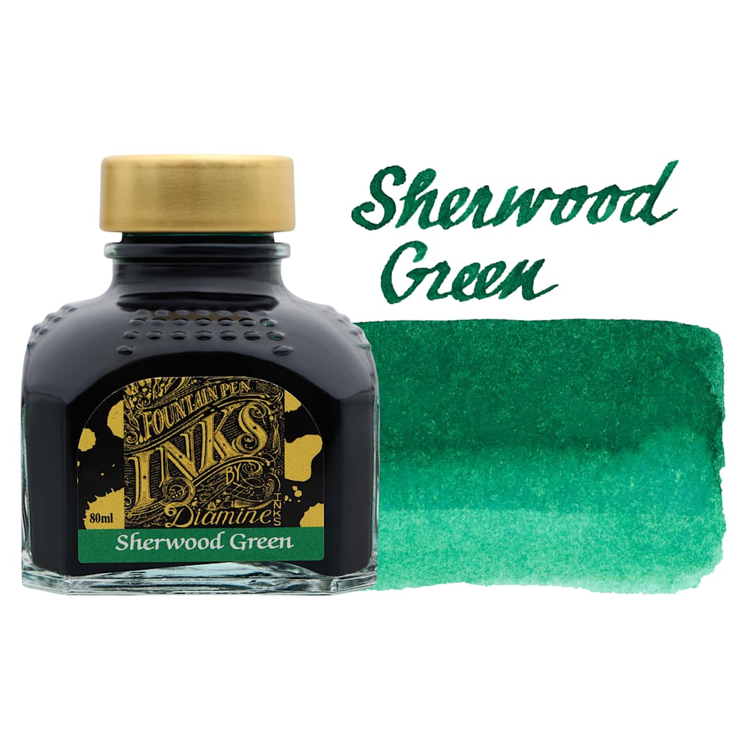 Open in modal - Diamine Fountain Pen Ink - Sherwood Green, 80 ml bottle with swatch