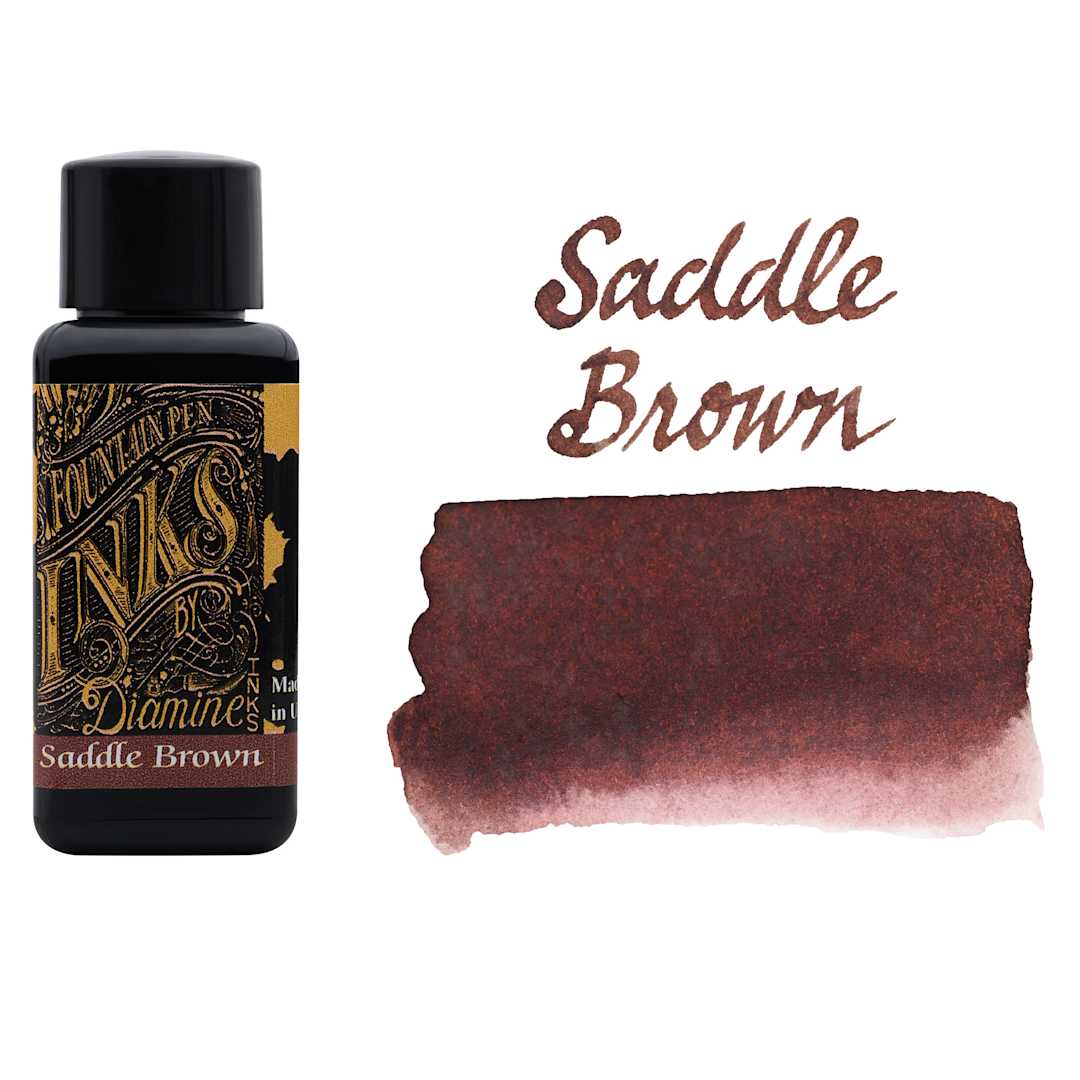 Open in modal - Diamine Fountain Pen Ink - Saddle Brown, 30 ml bottle with swatch