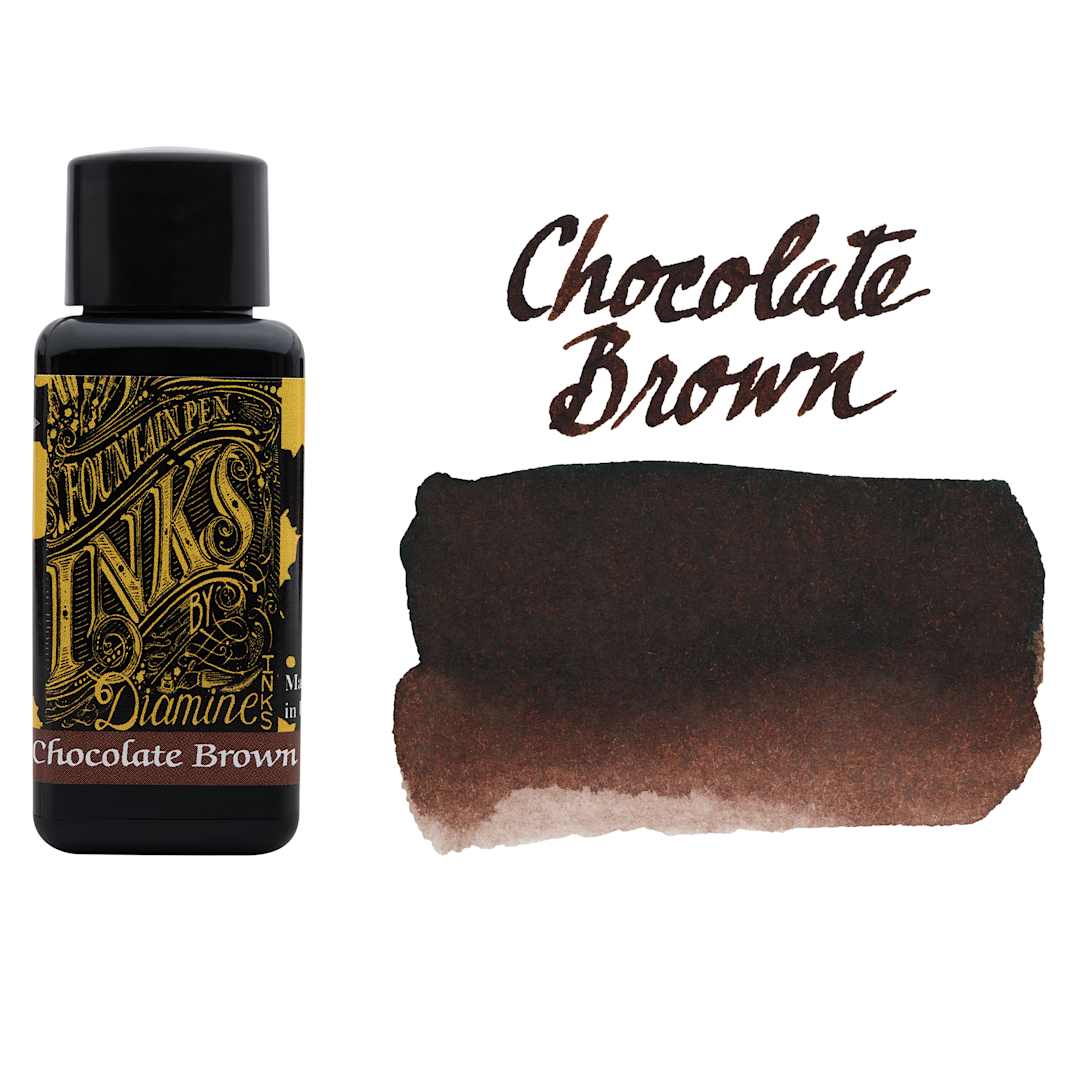 Open in modal - Diamine Fountain Pen Ink - Chocolate Brown, 30 ml bottle with swatch