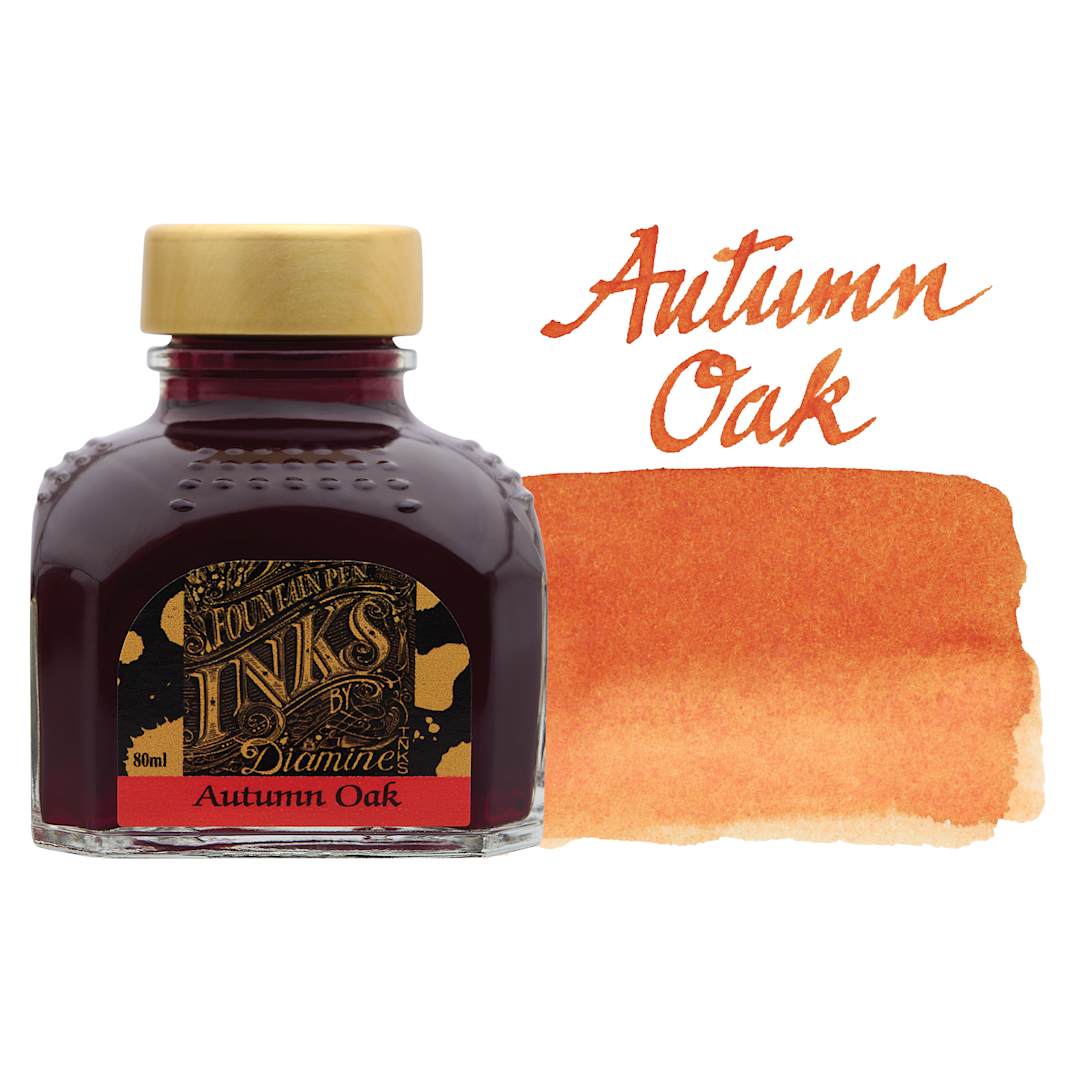 Open in modal - Diamine Fountain Pen Ink - Autumn Oak, 80 ml bottle with swatch